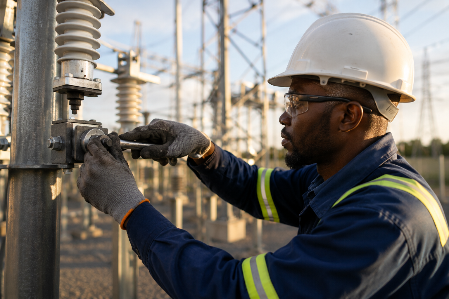 A technician in a hard hat and safety glasses working a wrench on substation hardware at dusk.